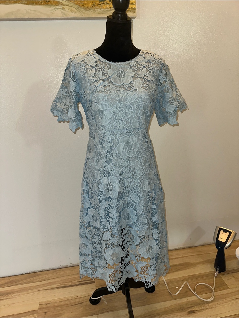 Light Blue Lace Midi Dress with Floral Overlay Ticosa brand size xl